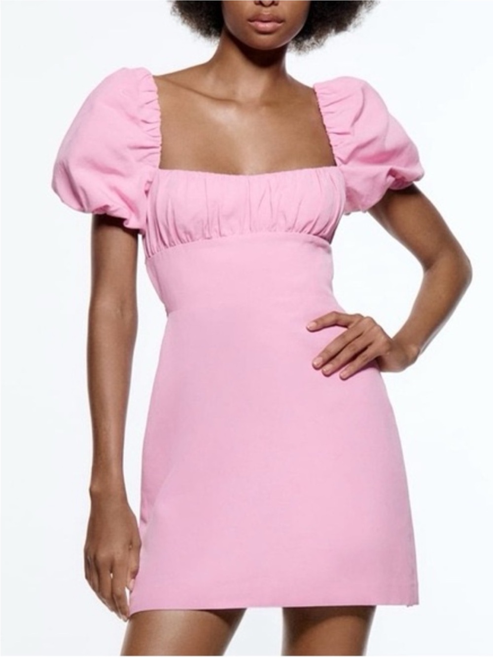 Zara Pink Puff-Sleeve Square-Neck Mini Dress